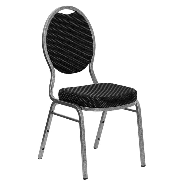 Black Patterned Fabric/Silver Vein Frame |#| Teardrop Back Black Patterned Fabric Stacking Banquet Chair - Silver Vein Frame