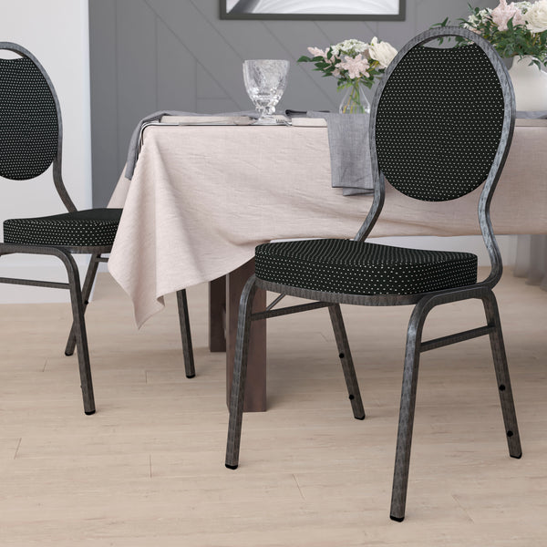 Black Patterned Fabric/Silver Vein Frame |#| Teardrop Back Black Patterned Fabric Stacking Banquet Chair - Silver Vein Frame