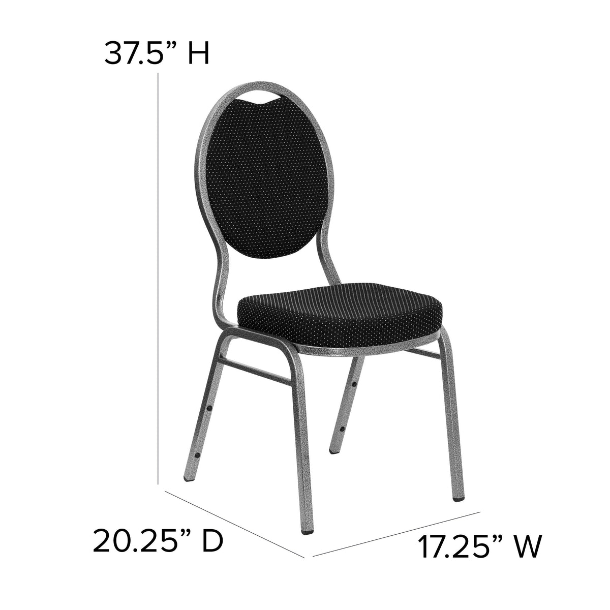 Black Patterned Fabric/Silver Vein Frame |#| Teardrop Back Black Patterned Fabric Stacking Banquet Chair - Silver Vein Frame