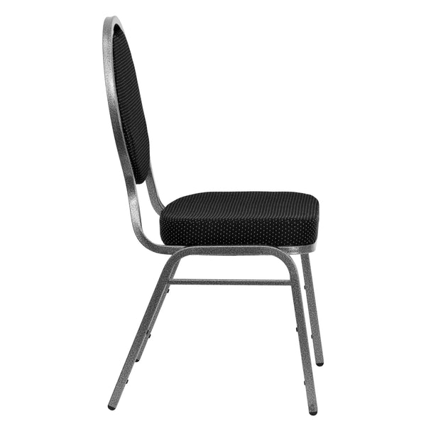 Black Patterned Fabric/Silver Vein Frame |#| Teardrop Back Black Patterned Fabric Stacking Banquet Chair - Silver Vein Frame