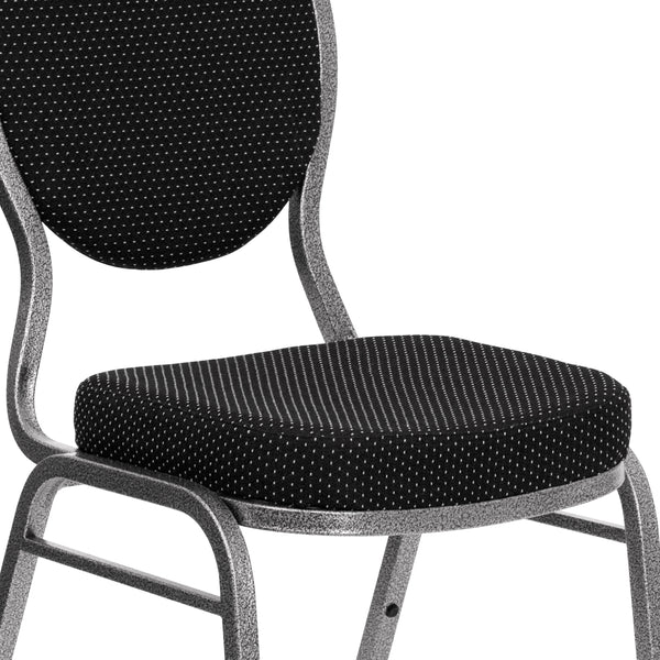 Black Patterned Fabric/Silver Vein Frame |#| Teardrop Back Black Patterned Fabric Stacking Banquet Chair - Silver Vein Frame