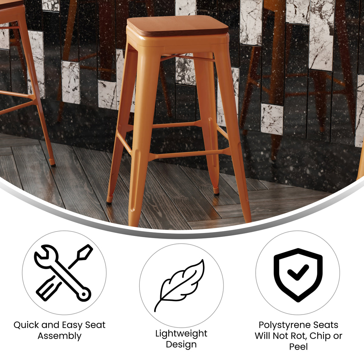 Orange/Teak |#| Indoor/Outdoor Backless Bar Stool with Poly Seat - Orange/Teak