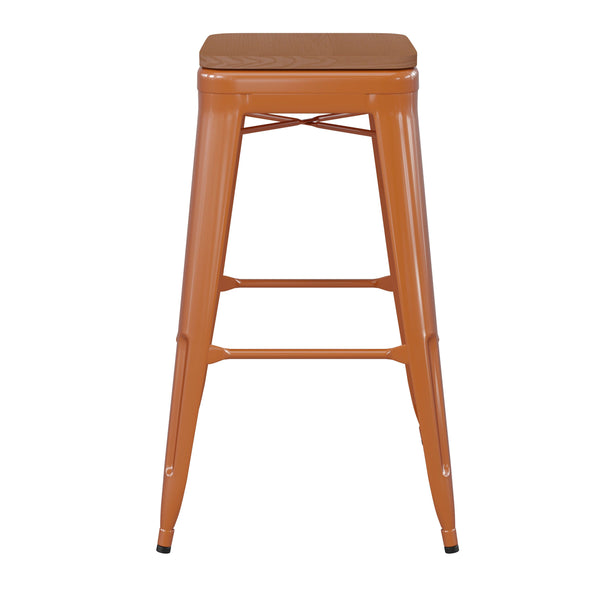 Orange/Teak |#| Indoor/Outdoor Backless Bar Stool with Poly Seat - Orange/Teak