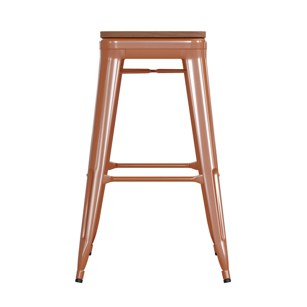 Orange/Teak |#| Indoor/Outdoor Backless Bar Stool with Poly Seat - Orange/Teak