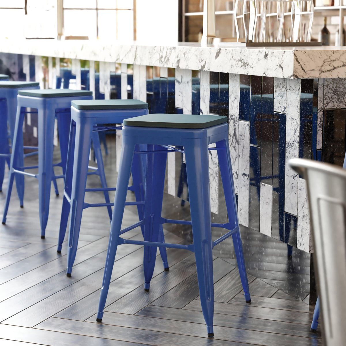 Blue/Teal-Blue |#| Indoor/Outdoor Backless Bar Stool with Poly Seat - Blue/Teal-Blue