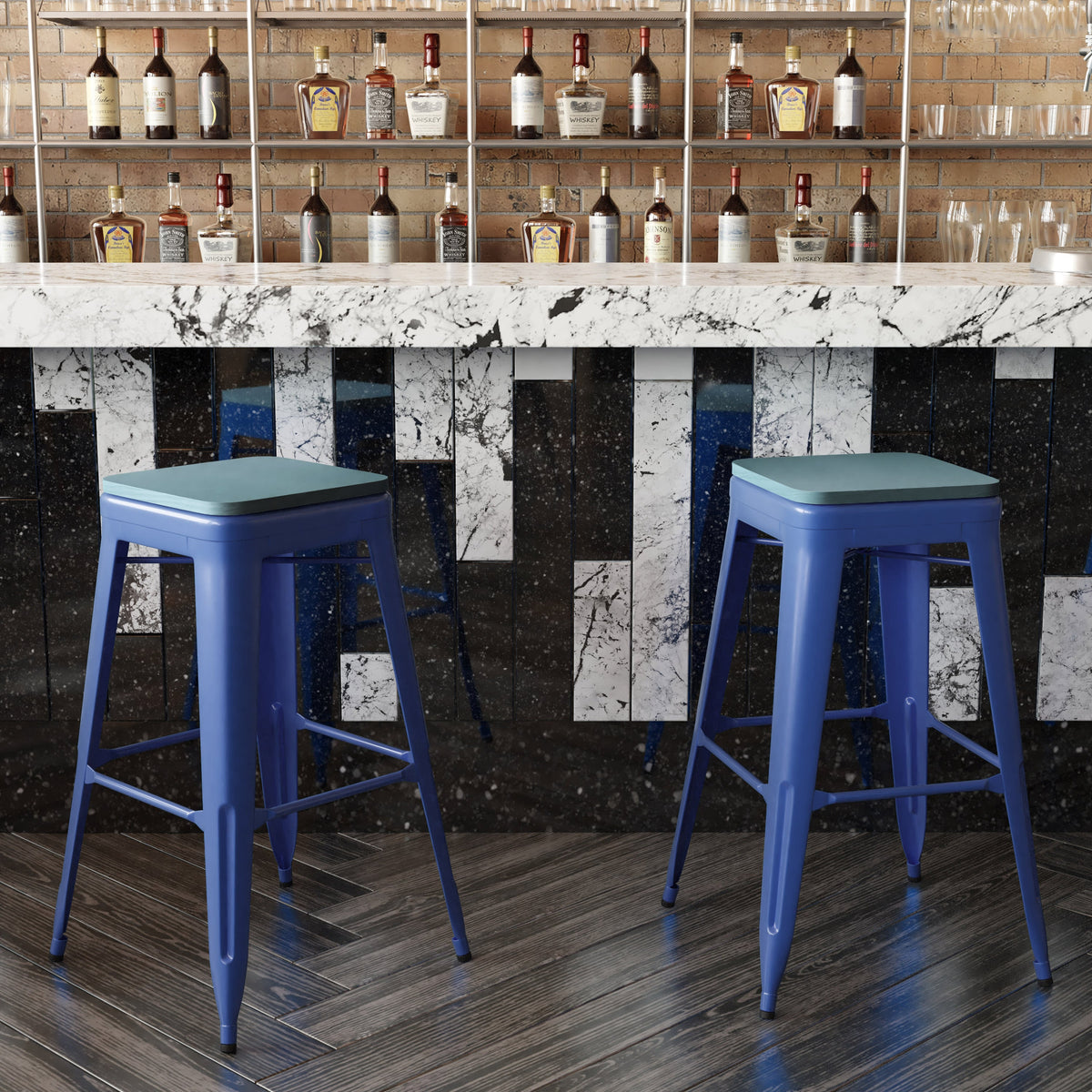 Blue/Teal-Blue |#| Indoor/Outdoor Backless Bar Stool with Poly Seat - Blue/Teal-Blue