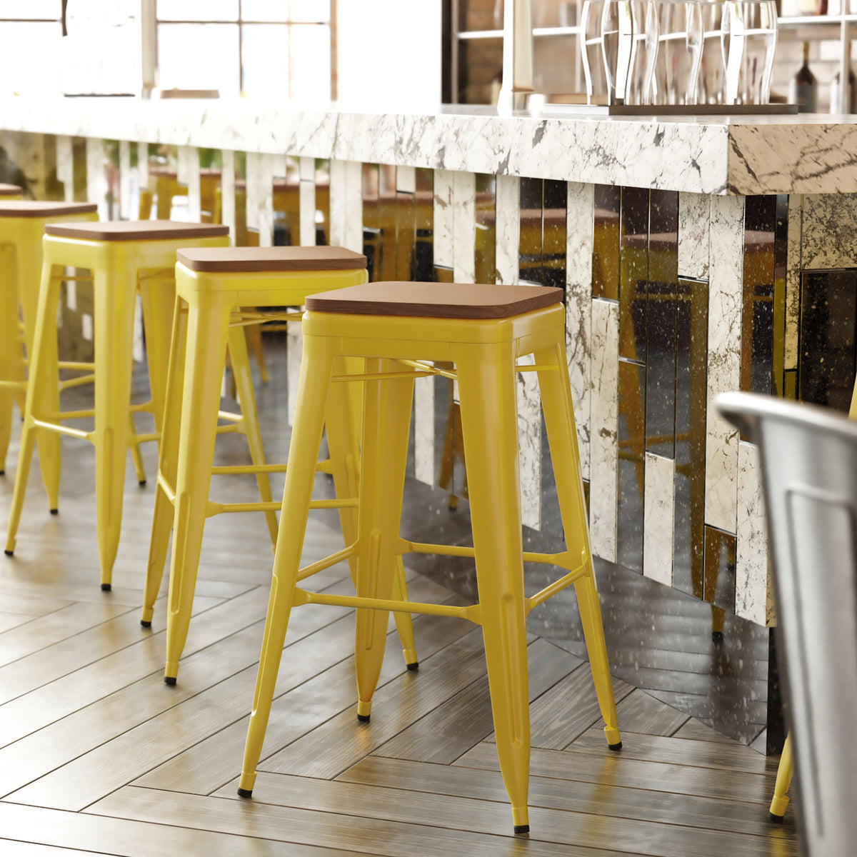 Yellow/Teak |#| Indoor/Outdoor Backless Bar Stool with Poly Seat - Yellow/Teak