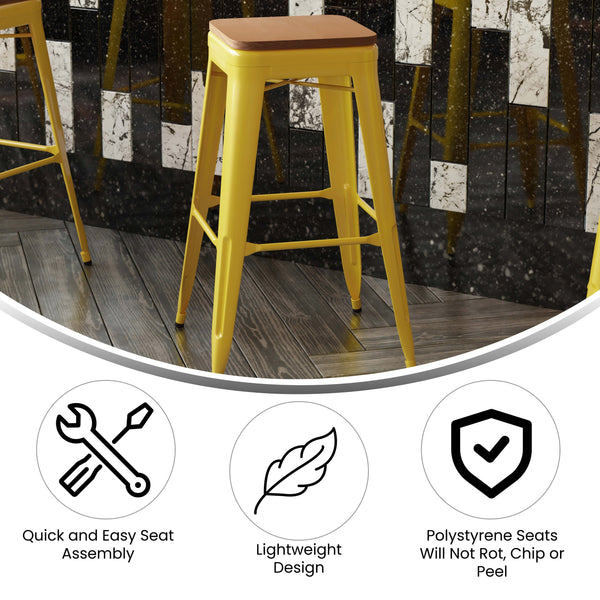 Yellow/Teak |#| Indoor/Outdoor Backless Bar Stool with Poly Seat - Yellow/Teak