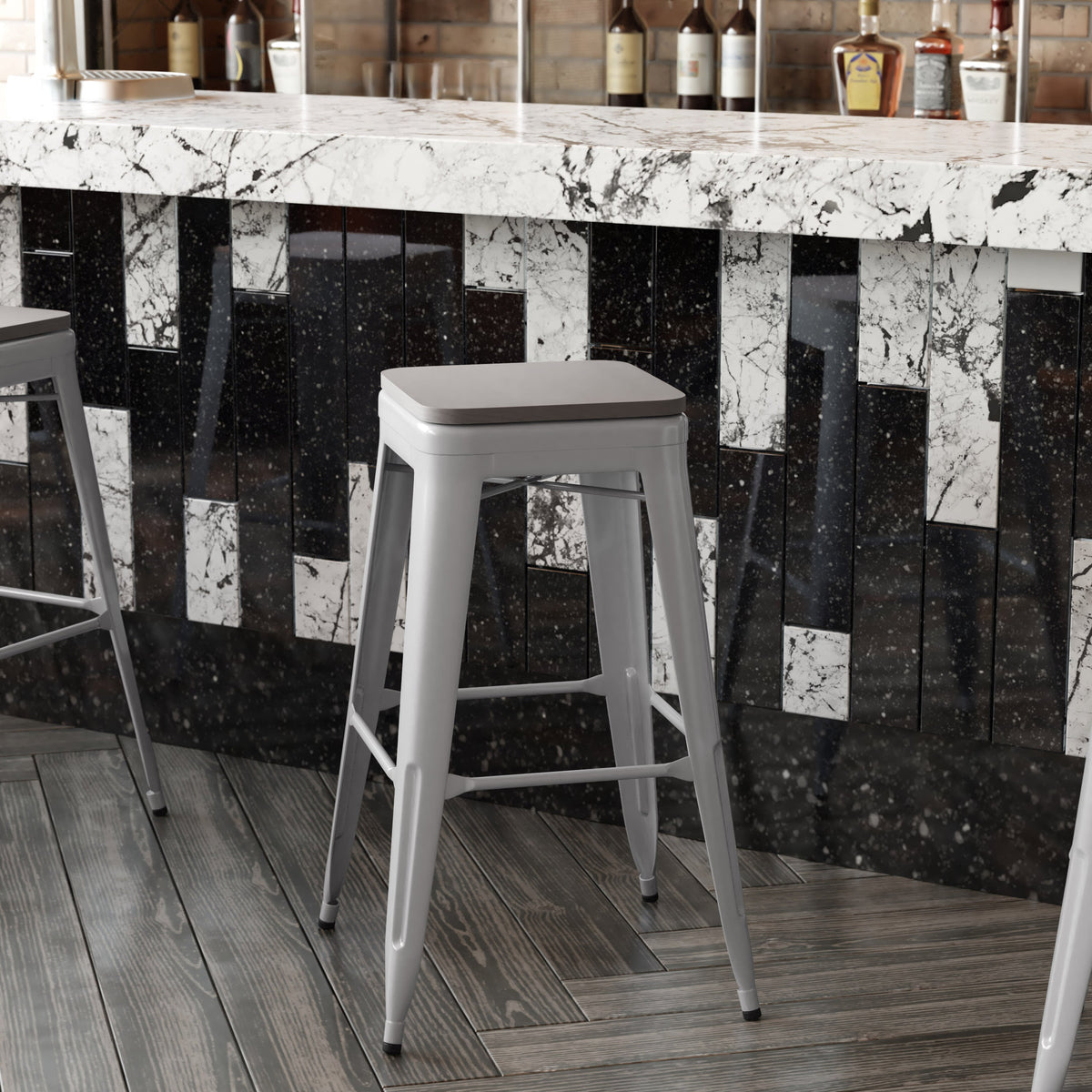 Silver/Gray |#| Indoor/Outdoor Backless Bar Stool with Poly Seat - Silver/Gray