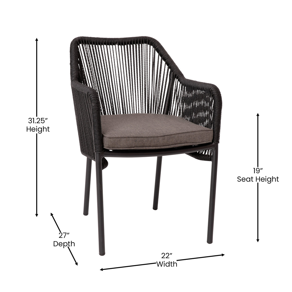 Black/Gray |#| Woven Indoor/Outdoor Stacking Club Chairs in Black - Gray Cushions-Set of 2