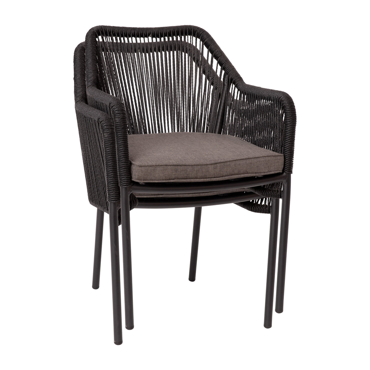 Black/Gray |#| Woven Indoor/Outdoor Stacking Club Chairs in Black - Gray Cushions-Set of 2