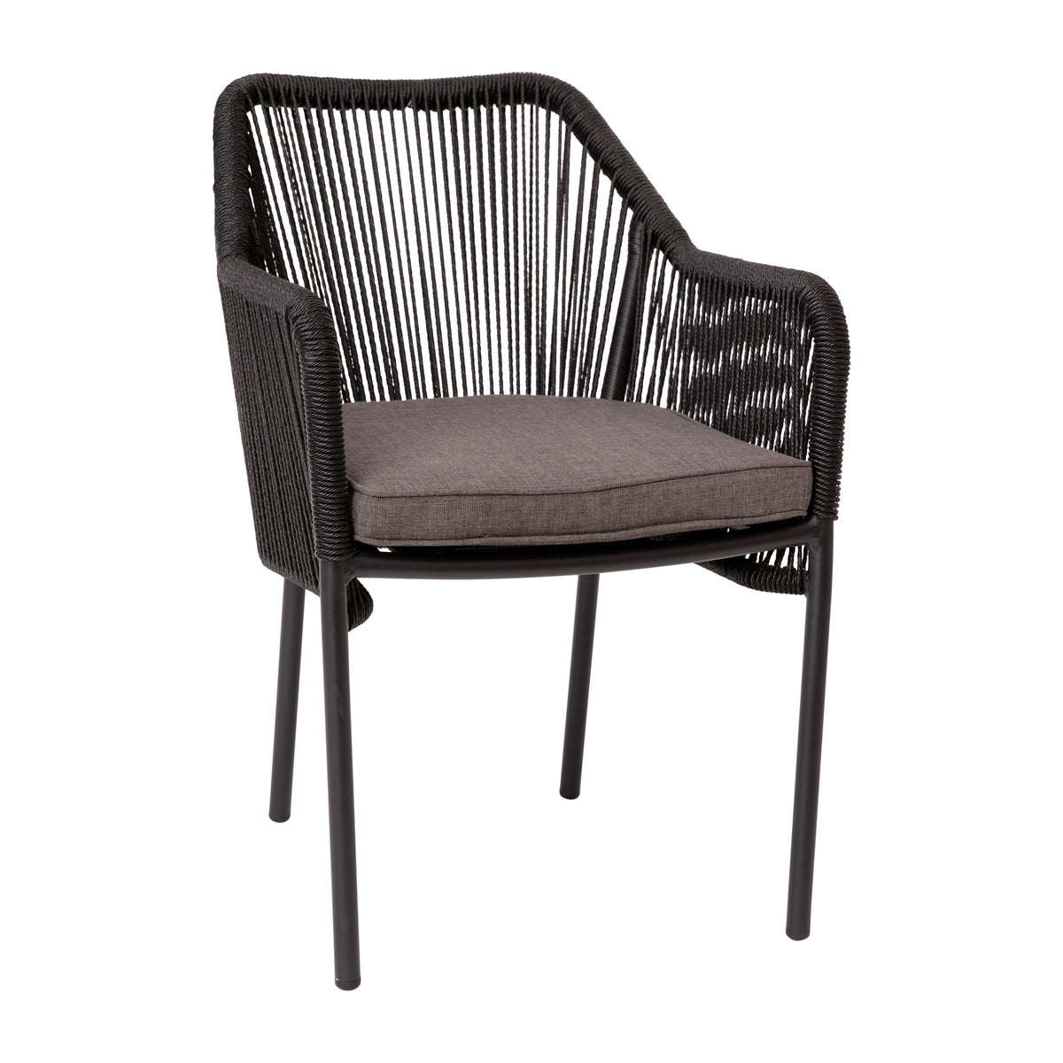 Black/Gray |#| Woven Indoor/Outdoor Stacking Club Chairs in Black - Gray Cushions-Set of 2