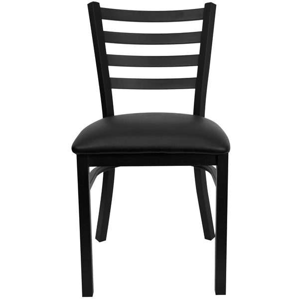 Black Vinyl Seat/Black Metal Frame |#| Black Ladder Back Metal Restaurant Chair - Black Vinyl Seat