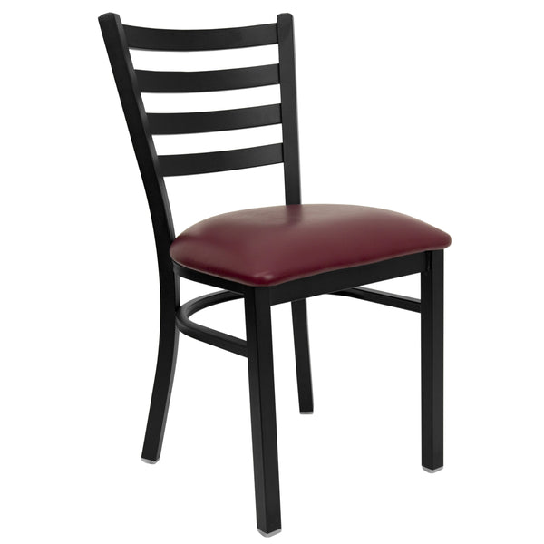 Burgundy Vinyl Seat/Black Metal Frame |#| Black Ladder Back Metal Restaurant Chair - Burgundy Vinyl Seat