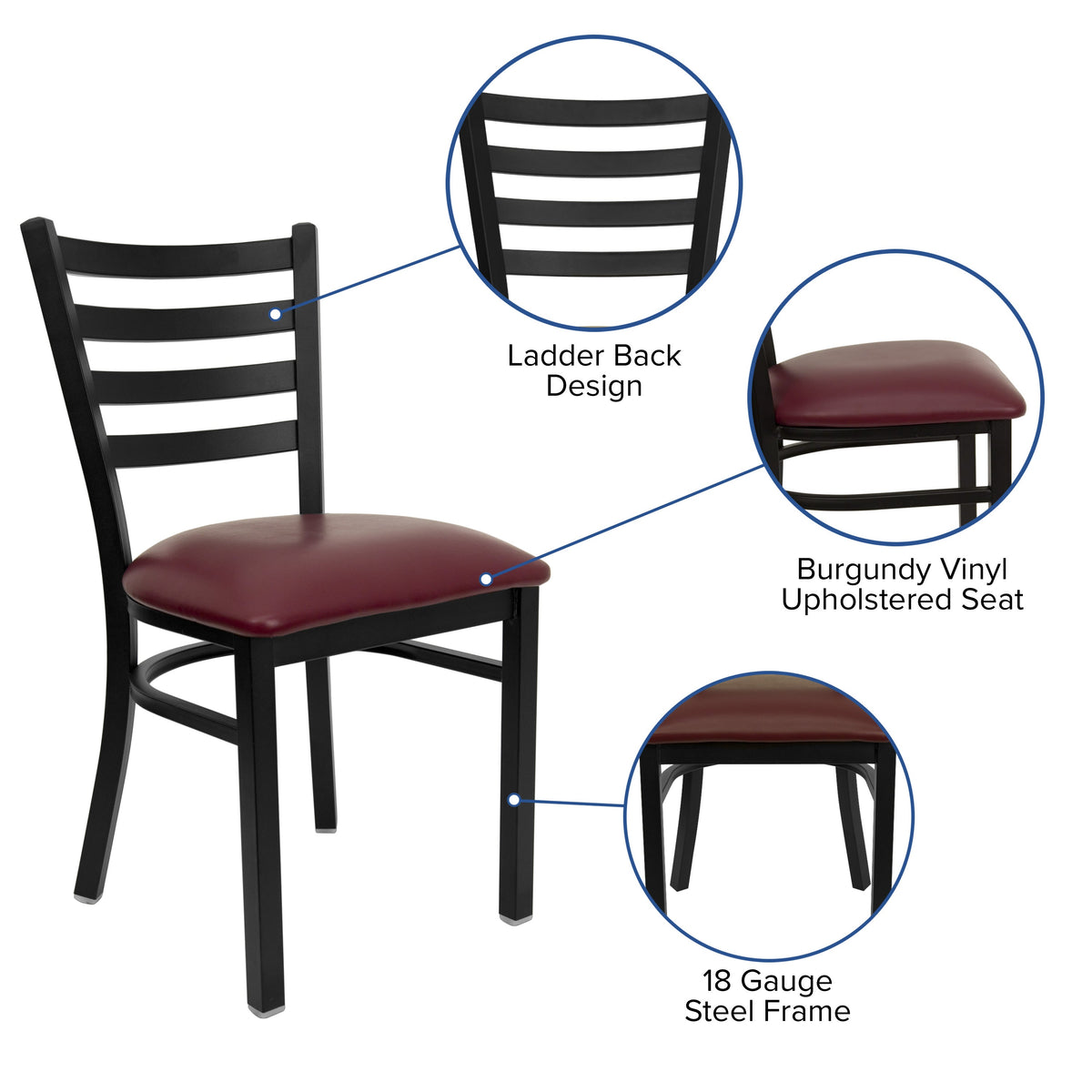 Burgundy Vinyl Seat/Black Metal Frame |#| Black Ladder Back Metal Restaurant Chair - Burgundy Vinyl Seat