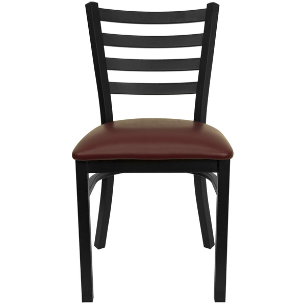 Burgundy Vinyl Seat/Black Metal Frame |#| Black Ladder Back Metal Restaurant Chair - Burgundy Vinyl Seat