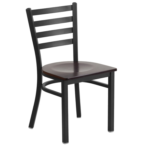 Walnut Wood Seat/Black Metal Frame |#| Black Ladder Back Metal Restaurant Chair - Walnut Wood Seat