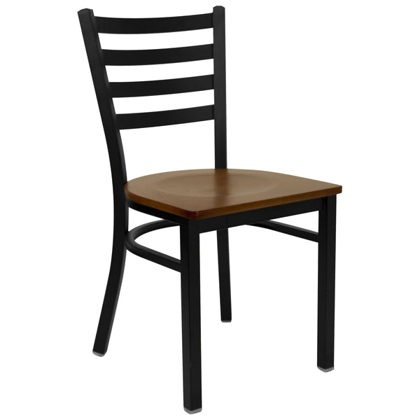 Cherry Wood Seat/Black Metal Frame |#| Black Ladder Back Metal Restaurant Chair - Cherry Wood Seat