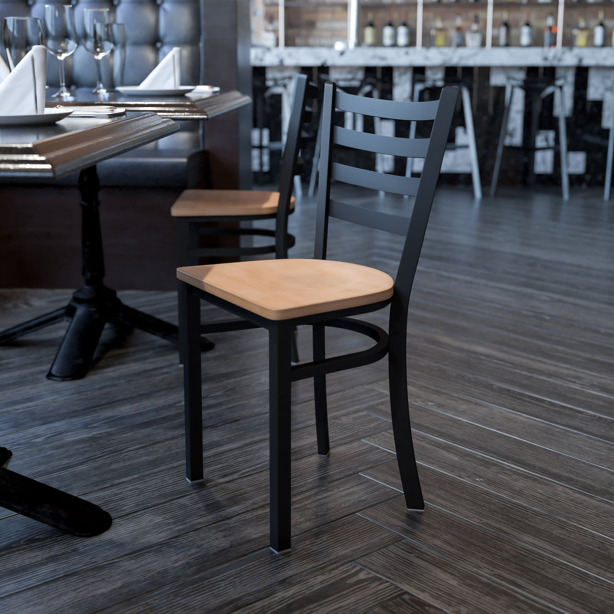 Natural Wood Seat/Black Metal Frame |#| Black Ladder Back Metal Restaurant Chair - Natural Wood Seat