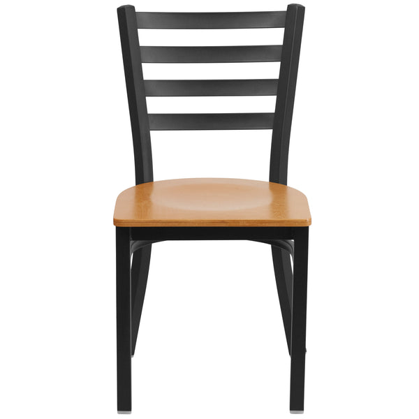 Natural Wood Seat/Black Metal Frame |#| Black Ladder Back Metal Restaurant Chair - Natural Wood Seat