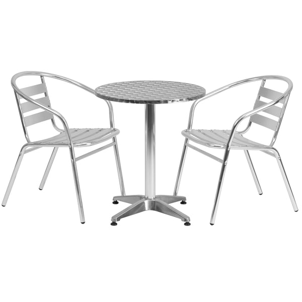Aluminum |#| 23.5inch Round Aluminum Indoor-Outdoor Table Set with 2 Slat Back Chairs