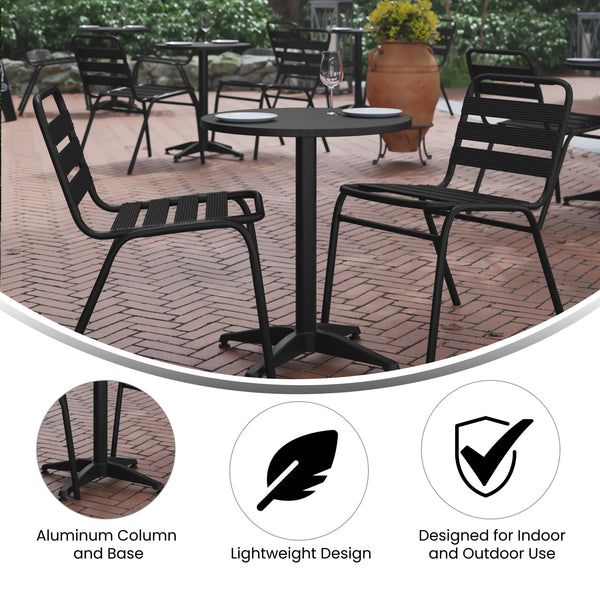 Black |#| Modern 23.5inch Round Glass Framed Glass Table with 2 Black Slat Back Chairs