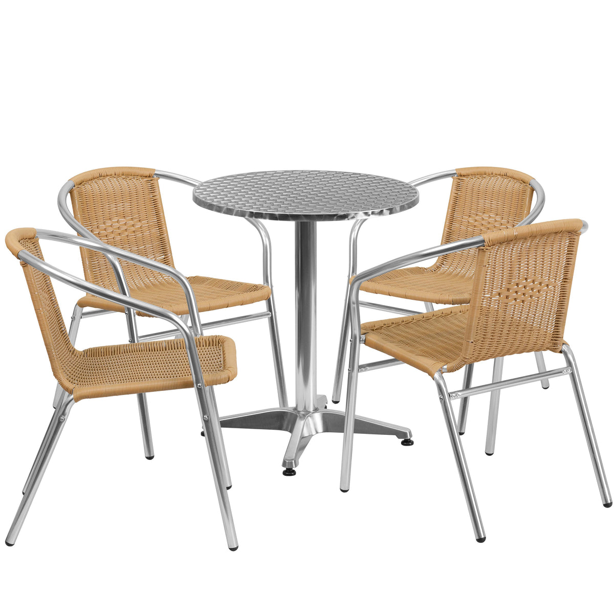 Beige |#| 23.5inch Round Aluminum Indoor-Outdoor Table Set with 4 Beige Rattan Chairs