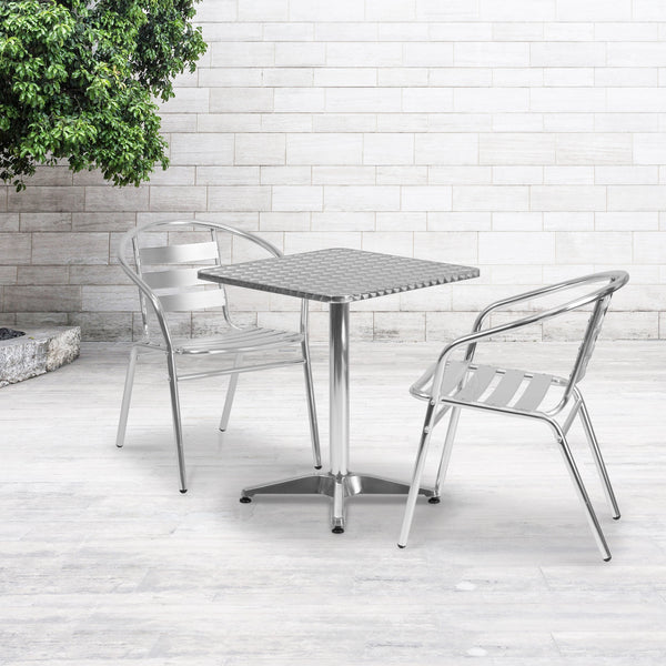 Aluminum |#| 23.5inch Square Aluminum Indoor-Outdoor Table Set with 2 Slat Back Chairs