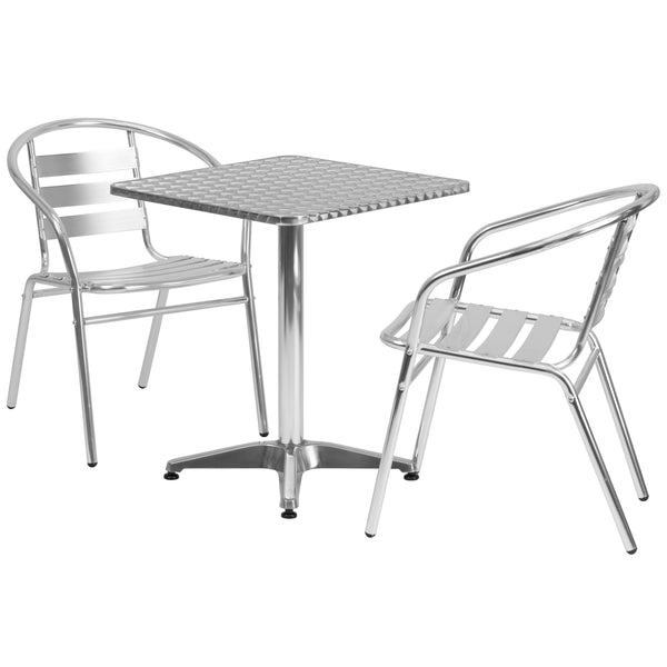 Aluminum |#| 23.5" Square Aluminum Indoor-Outdoor Table Set with 2 Slat Back Chairs