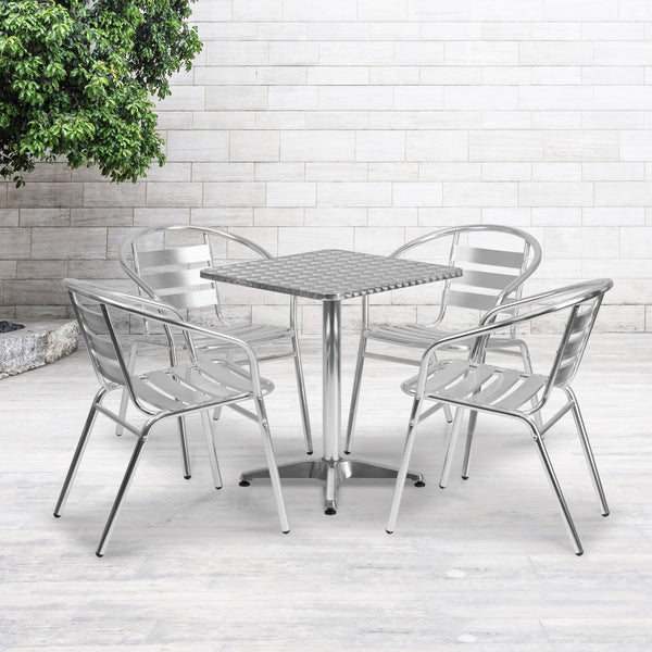 23.5inch Square Aluminum Indoor-Outdoor Table Set with 4 Slat Back Chairs
