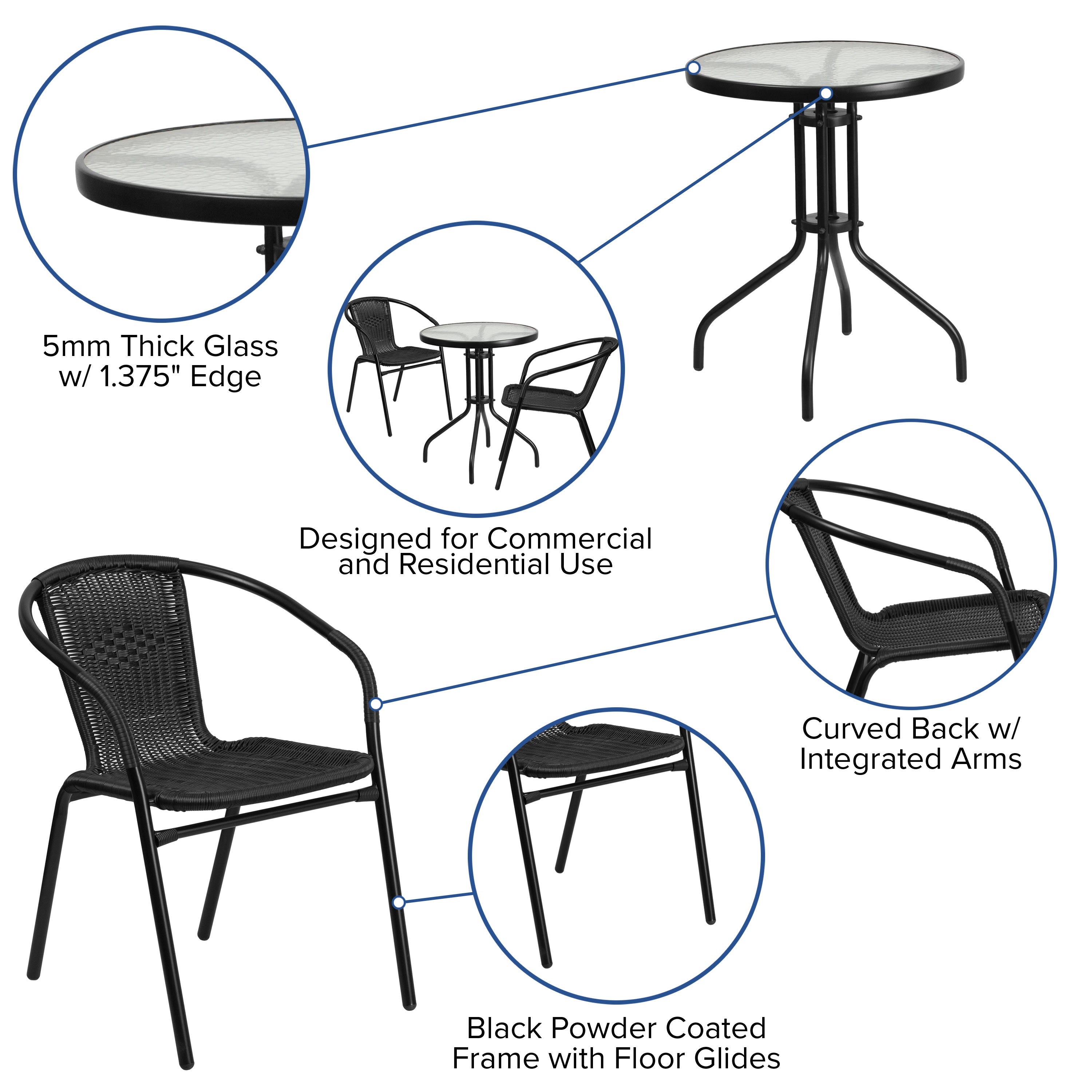 23.75RD Glass Patio Table Set TLH 071RD 037 2 Stack Chairs 4 Less