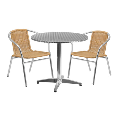 Lila 31.5'' Round Aluminum Indoor-Outdoor Table Set with 2 Rattan Chairs