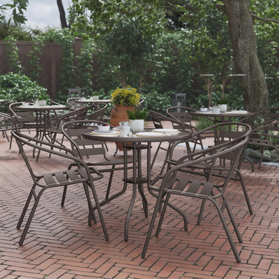 Lila 31.5'' Round Glass Metal Table with 4 Metal Aluminum Slat Stack Chairs - View 2