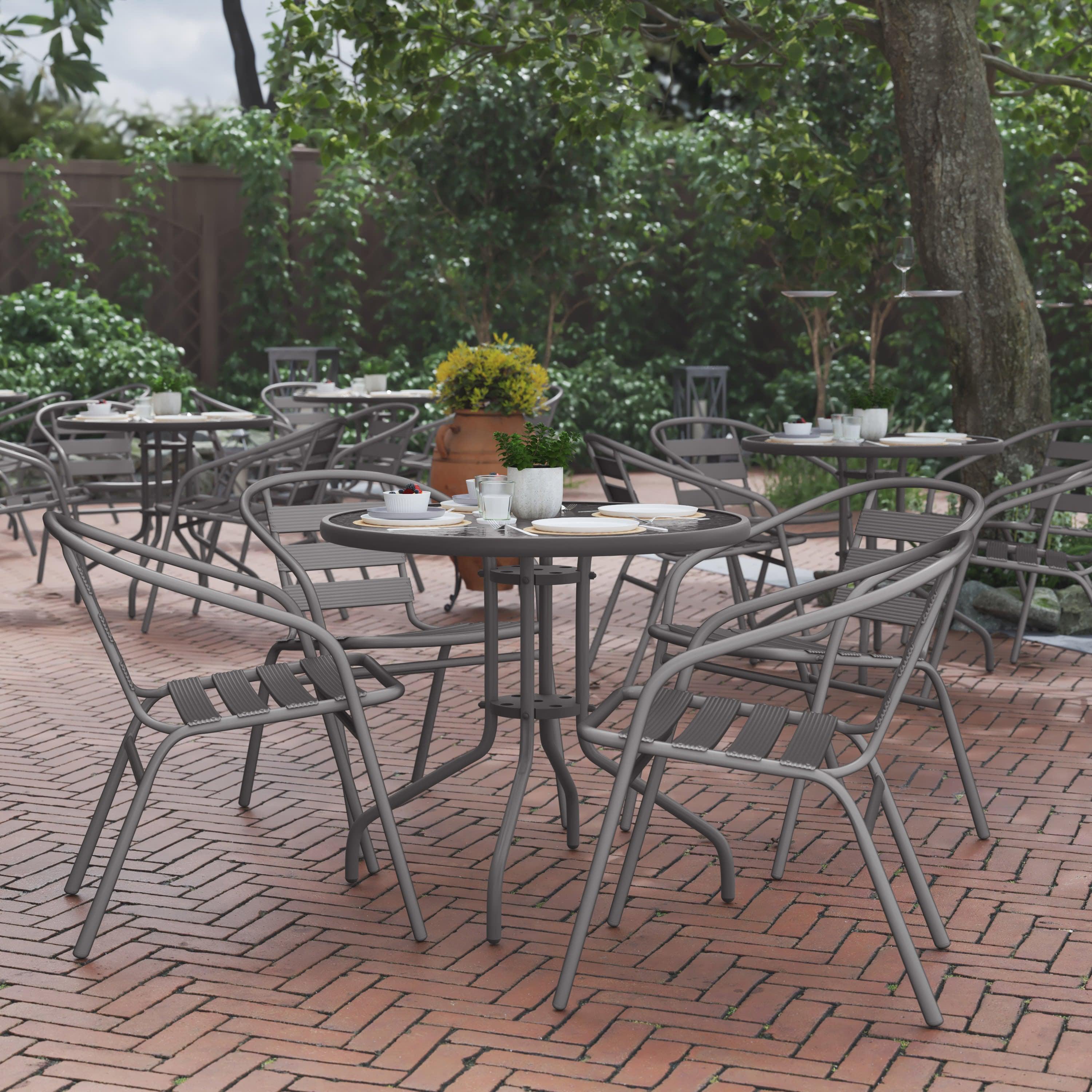 Flash Lila Round Glass Metal Table with 4 Metal Aluminum Slat Stack Chairs Size 31.5 Bronze TLH 072RD 017CBZ4 GG