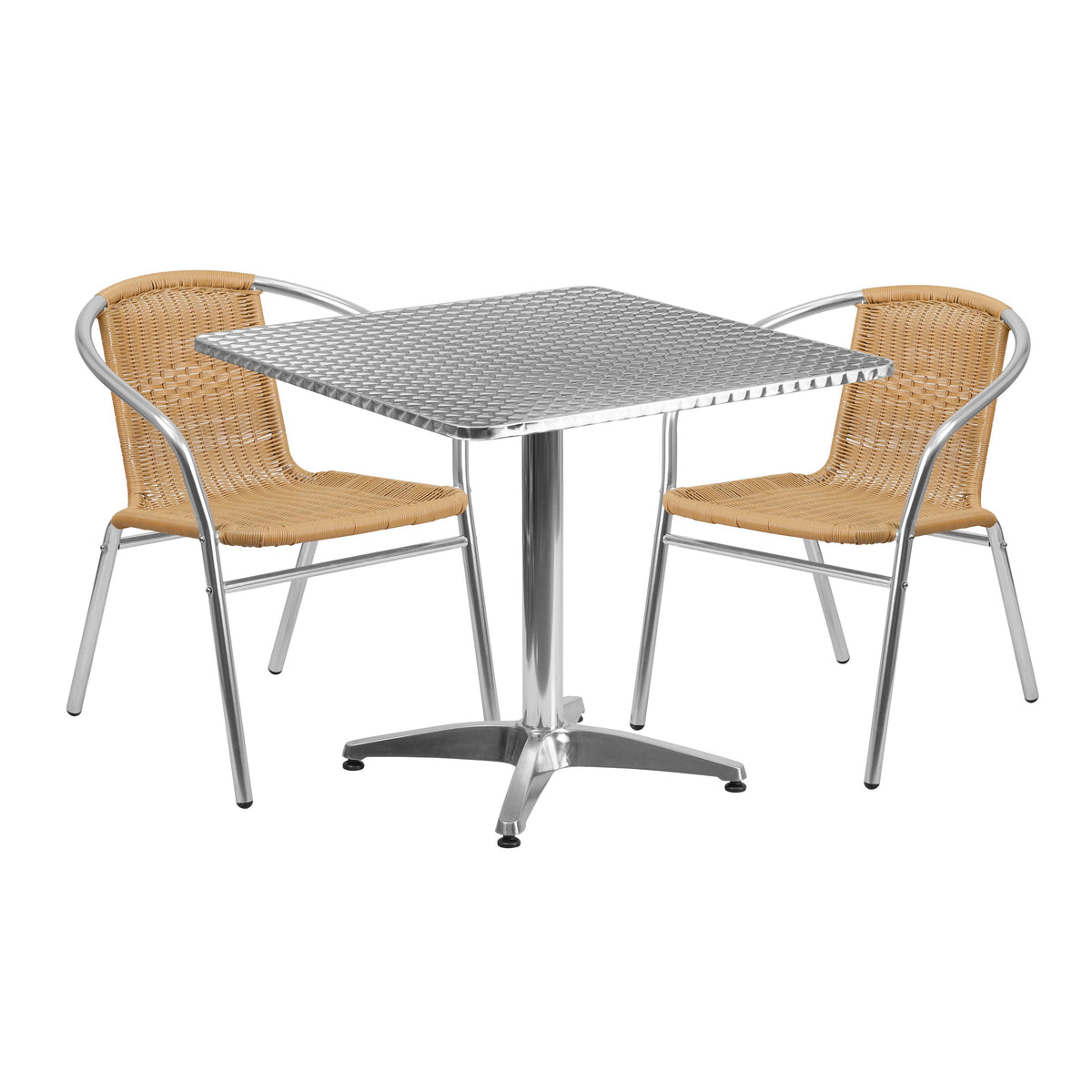 Beige |#| 31.5inch Square Aluminum Indoor-Outdoor Table Set with 2 Beige Rattan Chairs