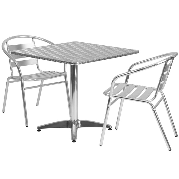 31.5inch Square Aluminum Indoor-Outdoor Table Set with 2 Slat Back Chairs