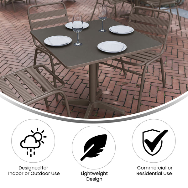 Bronze |#| Modern 31.5inch Square Glass Framed Glass Table with 4 Bronze Slat Back Chairs