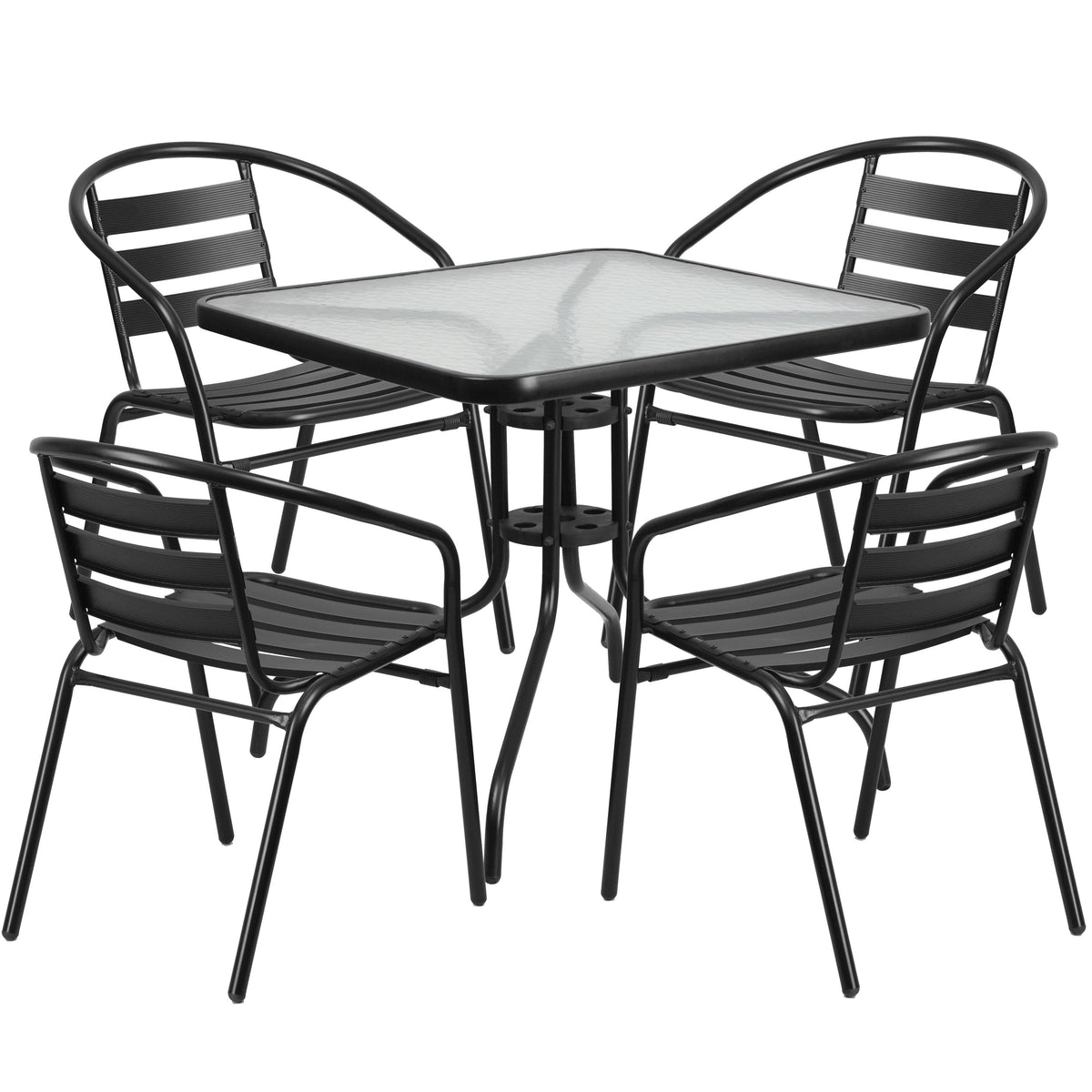 Black |#| 31.5inch Square Glass Metal Table with 4 Black Metal Aluminum Slat Stack Chairs