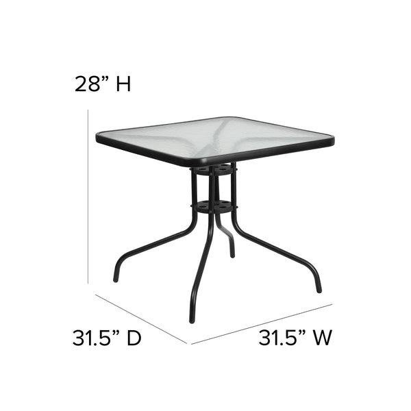 Black |#| 31.5inch Square Glass Metal Table with 4 Black Metal Aluminum Slat Stack Chairs