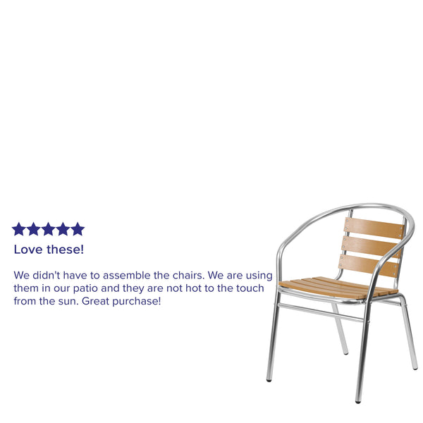 Aluminum |#| Commercial Aluminum Indoor-Outdoor Stack Chair with Triple Slat Faux Teak Back