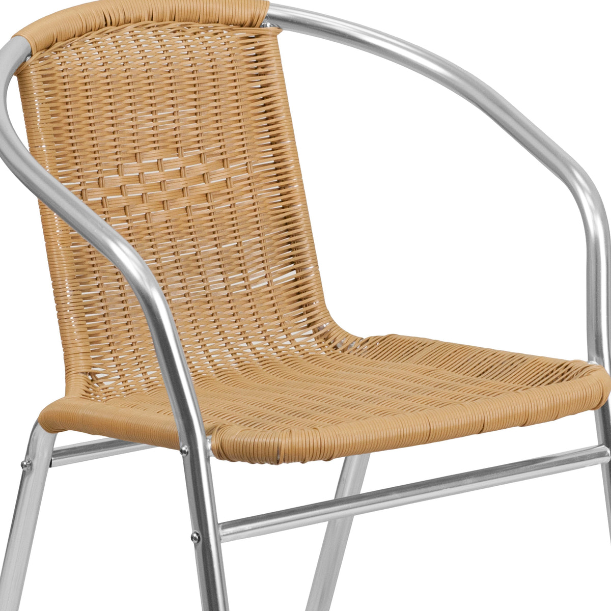 Aluminum and Beige |#| Commercial Aluminum and Beige Rattan Indoor-Outdoor Restaurant Stack Chair