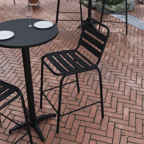 Black |#| Commercial Black Indoor-Outdoor Restaurant Stacking Stool with Triple Slat Back