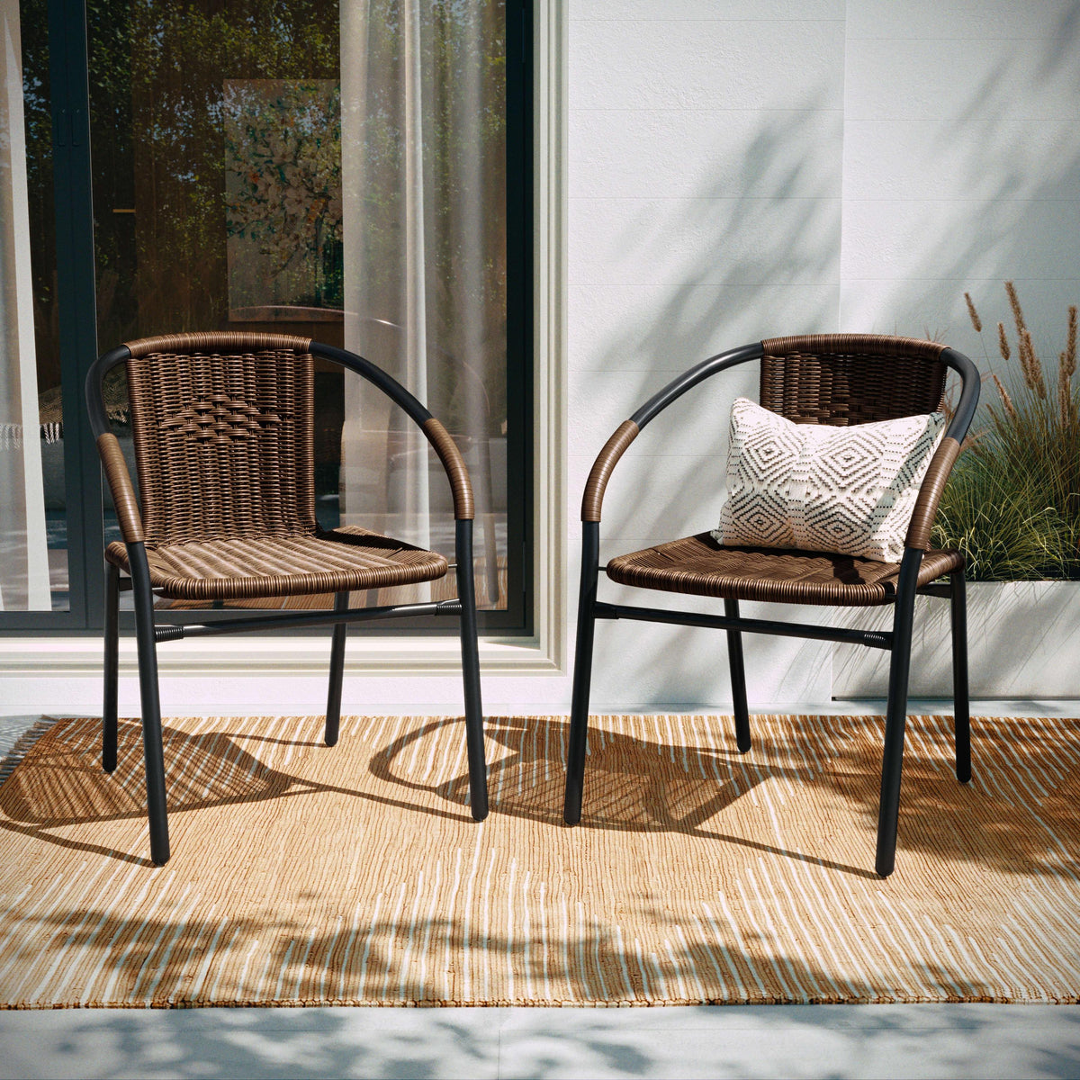 Medium Brown |#| Medium Rattan Indoor-Outdoor Restaurant Stack Chair with Curved Back