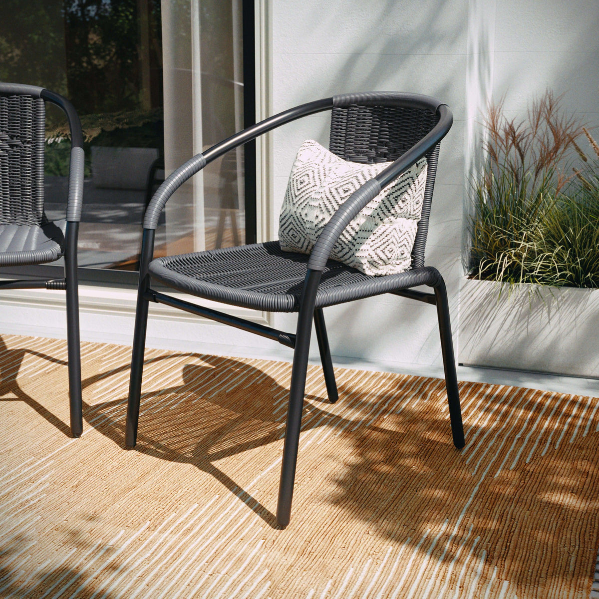 Gray |#| Gray Rattan Indoor-Outdoor Restaurant Stack Chair with Curved Back