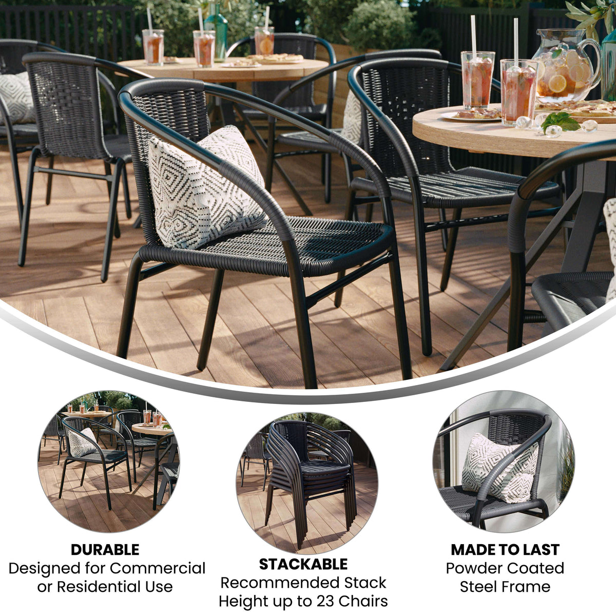 Gray |#| Gray Rattan Indoor-Outdoor Restaurant Stack Chair with Curved Back