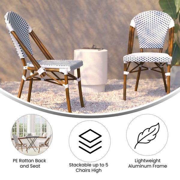 White & Navy/Natural Frame |#| All-Weather Commercial Paris Chair with Bamboo Print Aluminum Frame-White/Navy