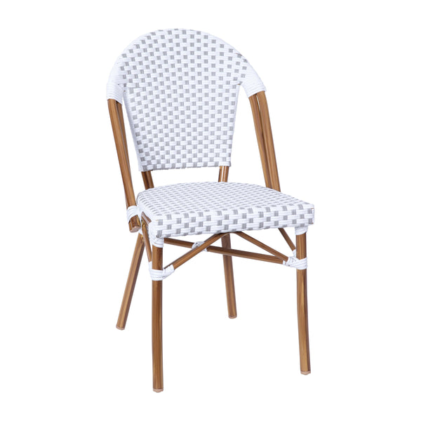 White & Gray/Natural Frame |#| All-Weather Commercial Paris Chair with Bamboo Print Aluminum Frame-White/Gray