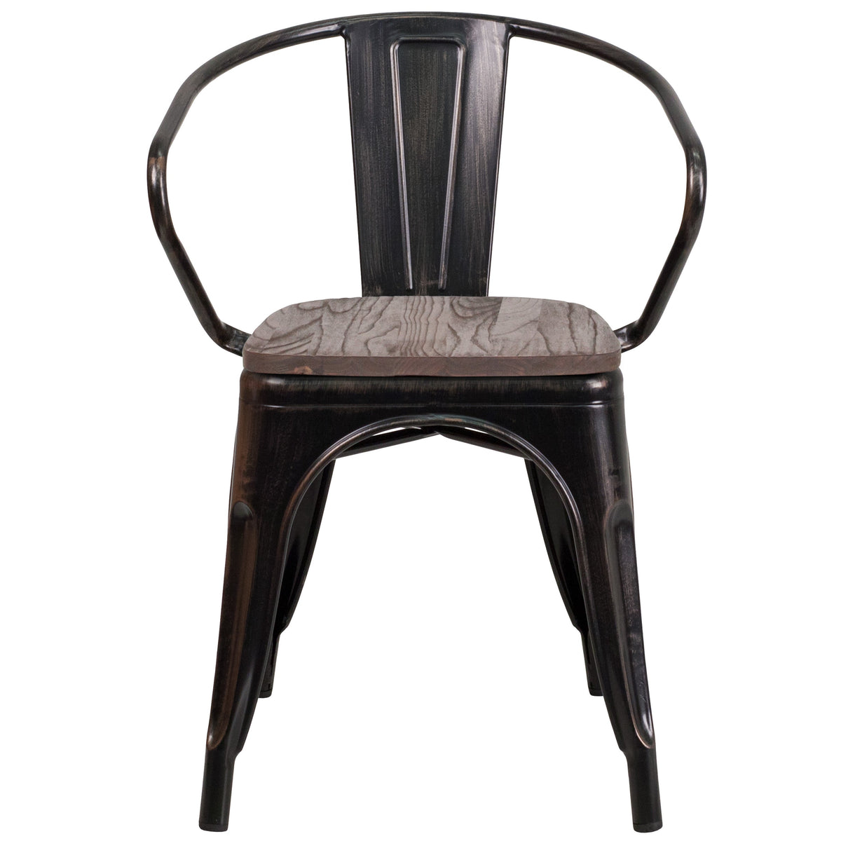 Black-Antique Gold |#| Black-Antique Gold Stackable Metal Chair with Wood Seat and Arms - Bistro Chair