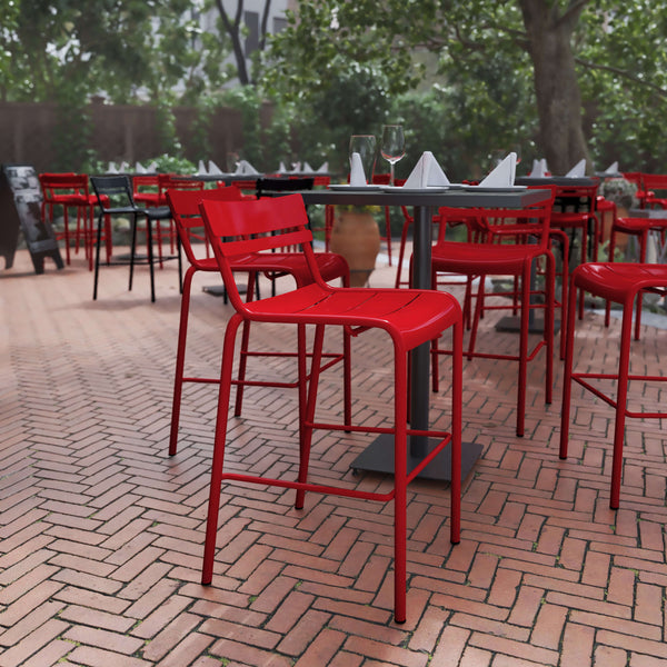 Red |#| Modern Commercial Grade 2 Slat Indoor/Outdoor Steel Bar Stool in Red