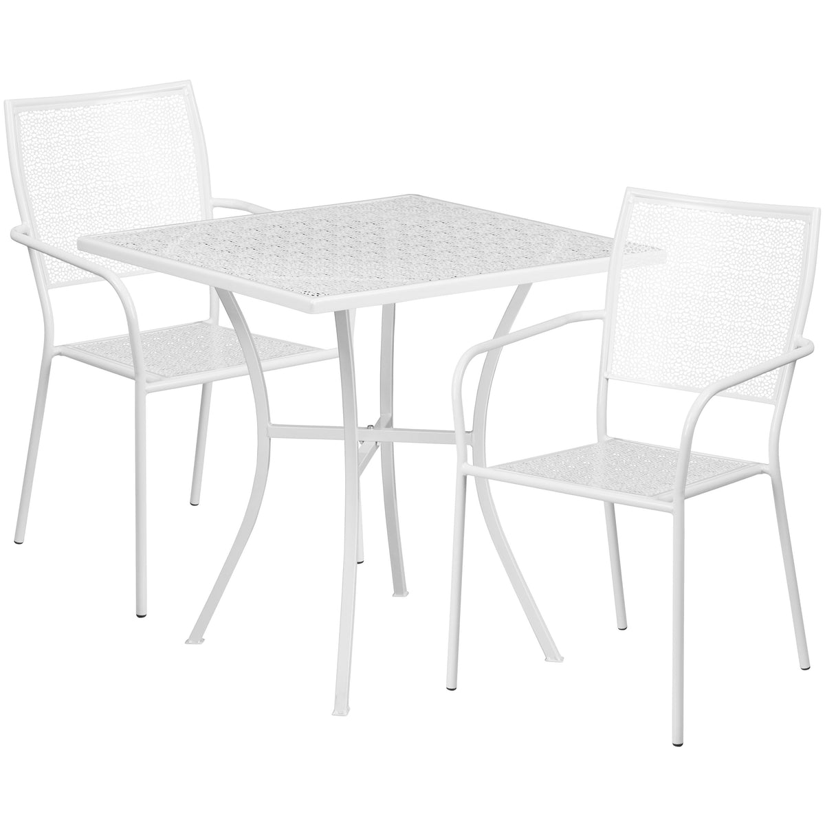 White |#| 28inch Square White Indoor-Outdoor Steel Patio Table Set with 2 Square Back Chairs